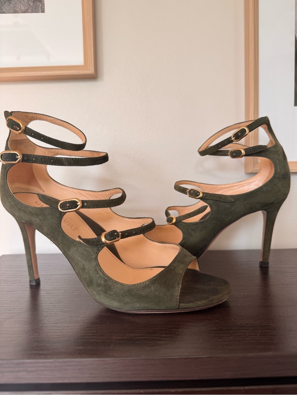 Strappy Olive Green Suede High Heels with Gold Buckles